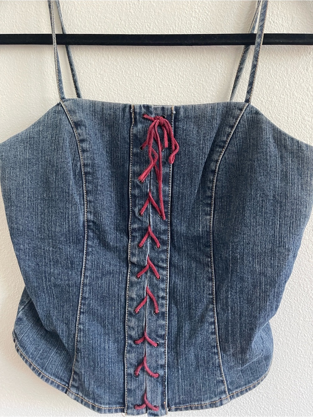 Guess Denim Corset Cami with Red Lace Detail - Blue - Picture 2 of 6
